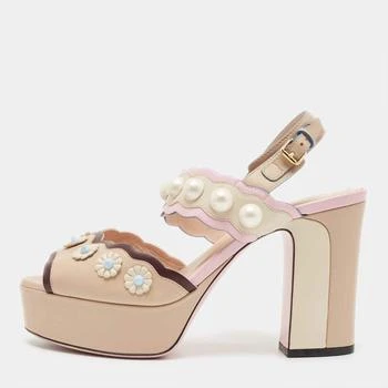 推荐Fendi Pink/Beige Leather Pearl Studded Accents Sandals Size  39商品