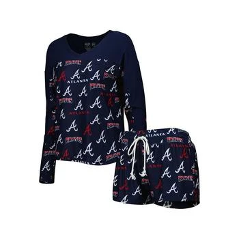 Concepts Sport | Women's Navy Atlanta Braves Breakthrough Allover Print Long Sleeve V-Neck T-shirt and Shorts Sleep Set,商家Macy's,价格¥332