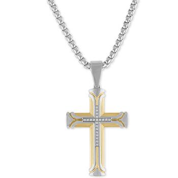 Esquire Men's Jewelry | Diamond Cross 22" Pendant Necklace (1/10 ct. t.w.) in Stainless Steel & Gold-Tone Ion-Plate, Created for Macy's商品图片,3.5折