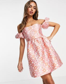 product Miss Selfridge jacquard bardot mini dress in pink floral image
