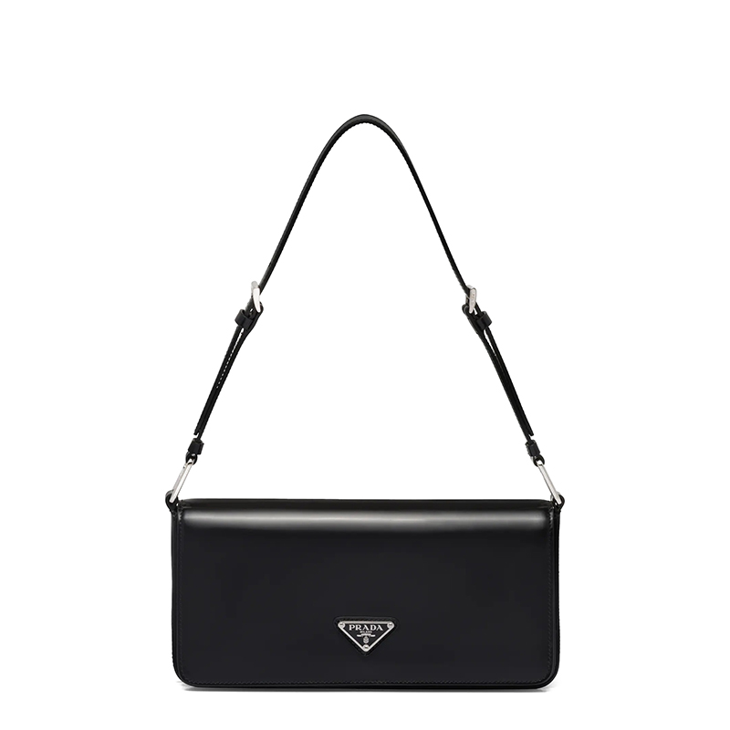 Prada | PRADA/普拉达 22春夏新款Femme系列 女士黑色亮面皮革银扣金属三角形徽标单肩斜跨手提包1BD323_ZO6_F0002_V_HOO商品图片,额外9.5折, 包邮包税, 额外九五折