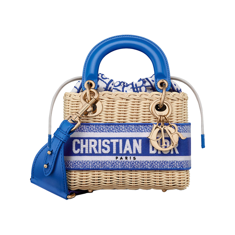 迪奥手提包, Dior | DIOR/迪奥 22新款 lady系列 女士mini柳条配霓虹蓝色提花帆布抽绳开合浅金色吊饰刺绣拆卸肩带手提斜挎包M0505OMVD_M808商品图片 额外9.5折, 包邮包税, 额外九五折