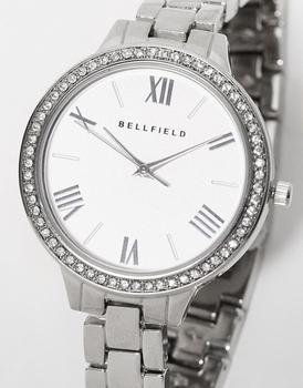 推荐Bellfield slim link strap watch in silver with diamante detail商品