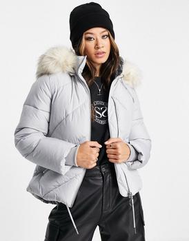 Topshop | Topshop padded jacket with faux fur hood in grey商品图片,6折