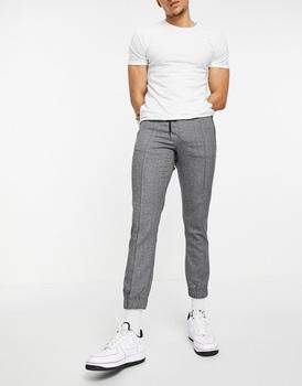 推荐ASOS DESIGN slim trousers with elasticated waist in textured look grey商品