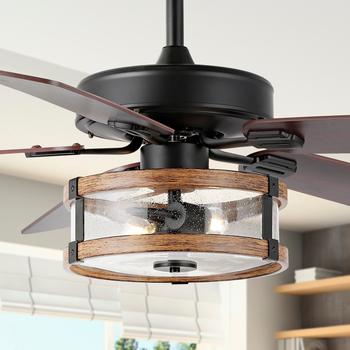商品Joanna 52" 2-Light Rustic Industrial Iron/Wood/Seeded Glass Mobile-App/Remote-Controlled LED Ceiling Fan,商家Premium Outlets,价格¥2303图片