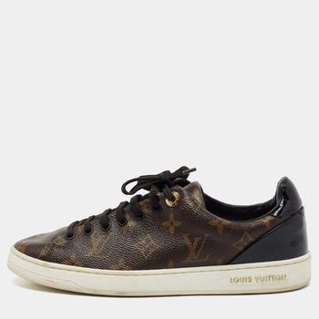 lv低帮鞋, [二手商品] Louis Vuitton | Louis Vuitton Brown/Black Monogram Coated Canvas And Patent Leather Frontrow Low Top Sneakers Size 38商品图片 6.7折