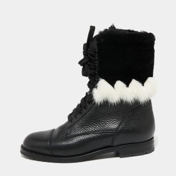 Manolo Blahnik直邮, Manolo Blahnik | Manolo Blahnik Black/White Leather and Fur Ankle Boots Size 36.5商品图片 8.5折, 满1件减$100, 满减