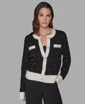 Karl Lagerfeld Paris | Petite Crew Neck Front-Button Cardigan Sweater,商家Macy's,价格¥1023