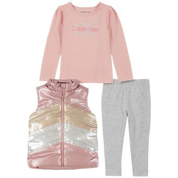 Calvin Klein | Little Girls Iridescent Puffer Vest, Logo T-shirt and Printed Heather Leggings Set, 3 Piece商品图片,