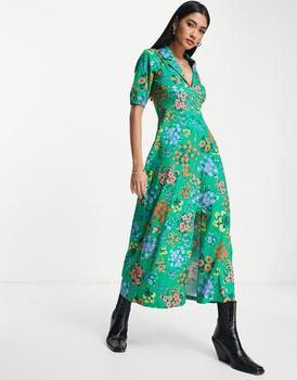 推荐ASOS DESIGN ultimate midi tea dress with collar in green floral print商品
