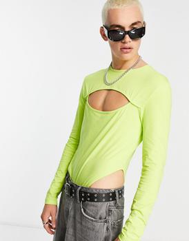 asos design, ASOS | ASOS DESIGN long sleeve muscle cut out body suit in lime商品图片 
