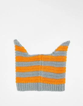 COLLUSION | COLLUSION Unisex novelty beanie with ears in orange and grey stripe 