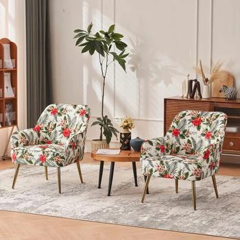 Modern Mid Century Chair velvet Sherpa Armchair for Living Room Bedroom Office Easy Assemble(White Flower)