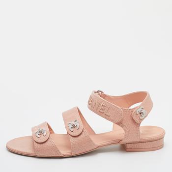 香奈儿鞋, [二手商品] Chanel | Chanel Beige Leather CC Velcro Ankle Strap Flat Sandals Size 38商品图片 