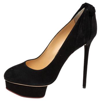 Charlotte Olympia, [二手商品] Charlotte Olympia | Charlotte Olympia Black Suede and Fabric Eccentric Josephine Knot Pumps Size 41商品图片 6.6折, 满1件减$100, 满减