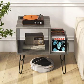 Hivvago | Mid-century Record Player Stand with Power Outlet and Vinyl Divider-Gray,商家Premium Outlets,价格¥593