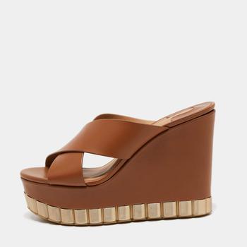菲拉格慕女鞋, Salvatore Ferragamo | Salvatore Ferragamo Brown Leather Cross Strap Wedge Sandals Size 36.5商品图片 8.9折