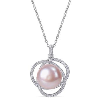 商品12 - 12.5 Mm Pink Cultured Freshwater Pearl and 1 CT TGW Cubic Zirconia Interlaced Halo Necklace In Sterling Silver图片
