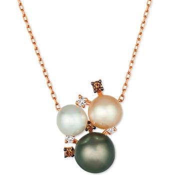 商品Multicolor Pearl (6-8mm) & Diamond (1/10 ct. t.w.) Cluster Pendant Necklace in 14k Rose Gold, 17" + 2" extender图片