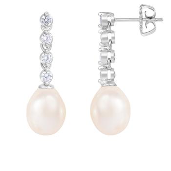 商品Splendid Pearls | Bezel CZ Pearl Dangling Earrings Set In Sterling Silver,商家Premium Outlets,价格¥145图片