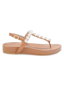 stuart weitzman凉鞋代购, Stuart Weitzman | Faux Pearl-Embellished Leather T-Strap Sandals商品图片 3.4折