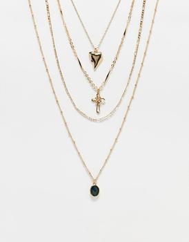 Reclaimed Vintage | Reclaimed Vintage multirow necklace with cross and heart pendant in gold商品图片,7.9折×额外9.5折, 额外九五折