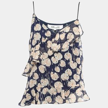 推荐Diane Von Furstenberg Navy Blue Leaf Printed Silk Ruffled Sleeveless Top M商品
