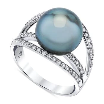 Macy's | Cultured Tahitian Pearl (11mm) & Diamond (1/2 ct. t.w.) Openwork Statement Ring in 14k White Gold,商家Macy's,价格¥6020