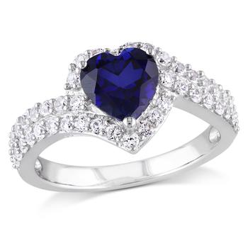 商品2 3/4 CT TGW Created Blue and Created White Sapphire Heart Halo Double Row Ring in Sterling Silver,商家Premium Outlets,价格¥317图片