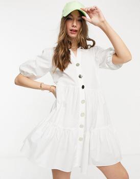 推荐River Island volume smock mini shirt dress in white商品