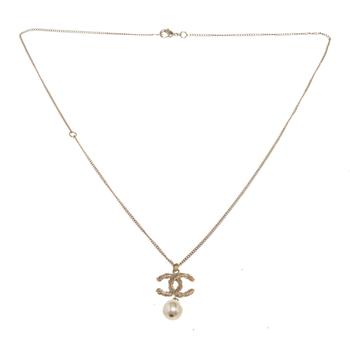 [二手商品] Chanel | Chanel CC Dangle Pearl Pendant Gold-tone Necklace商品图片,