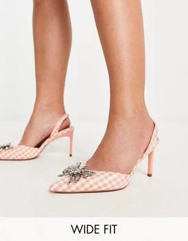 ASOS | ASOS DESIGN Wide Fit Santana butterfly detail slingback mid heeled shoes in pink houndstooth 5折, 独家减免邮费