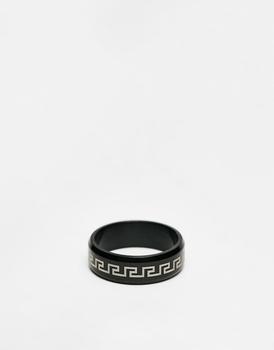 商品ASOS DESIGN waterproof stainless steel band ring with Greek wave embossing in black and silver tone图片