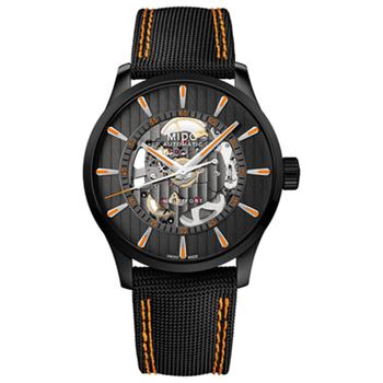 推荐Men's Swiss Automatic Multifort Skeleton Vertigo Black and Orange Fabric Strap Watch 42mm商品
