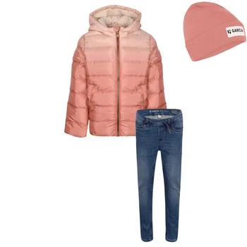 推荐Ombre padded jacket slim fit logo jeans and ribbed logo beanie set in pink and blue商品
