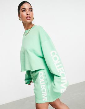 推荐ASOS Weekend Collective cropped sweatshirt with sleeve graphic in apple green商品