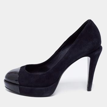 香奈儿鞋是什么牌子, [二手商品] Chanel | Chanel Navy Blue/Black Suede and Patent Leather Cap Toe CC Pumps Size 37商品图片 满1件减$100, 满减