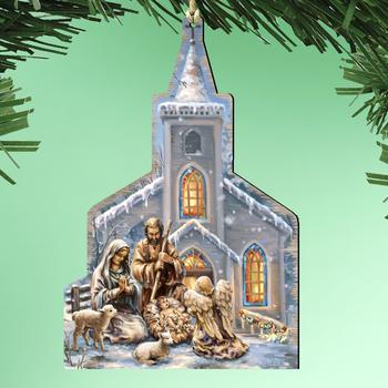 商品Designocracy Nativity at the Chapel Wood Ornaments Set of 2 Inspirational图片