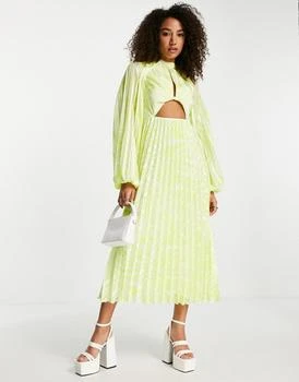 ASOS | ASOS DESIGN knot front high neck cutout pleated midi dress in yellow textured stripe 5.5折