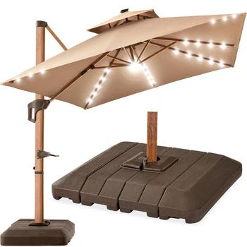 Best Choice Products | 10ft Square Woodgrain Pattern 2-Tier Outdoor Solar LED Cantilever Umbrella w/ Base - Tan,商家Premium Outlets,价格¥3751