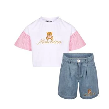 推荐Moschino teddy bear golden logo girls summer set of white t shirt and denim shorts商品