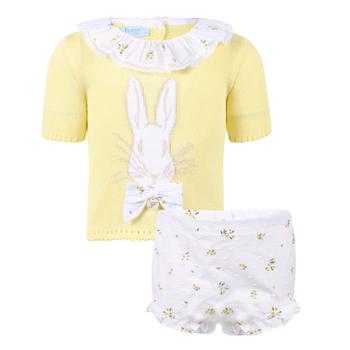 推荐Bunny knit t shirt with ruffled collar and bloomers set in yellow and white商品