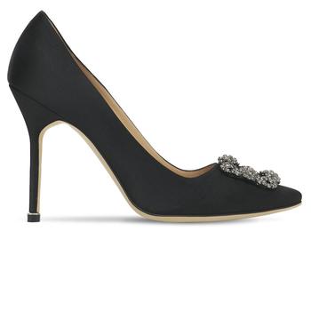 Manolo Blahnik直邮, Manolo Blahnik | Manolo Blahnik Hangisi Black Satin Jewel Buckle Heels商品图片 