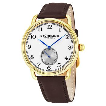 Stuhrling | Original Stainless Steel Gold Tone Case on Brown Genuine Leather Strap, Silver Dial, With Black and Blue Accents商品图片,