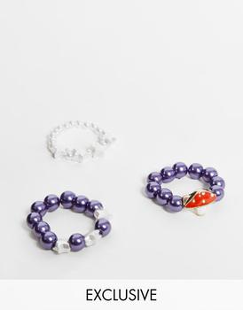 推荐Reclaimed Vintage inspired stretch ring pack with mushroom pendant in 90's beads商品
