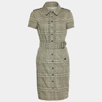 美国burberry, [二手商品] Burberry | Burberry Grey Checked Cotton Blend Ruffled Detail Belted Shirt Dress S商品图片 8.6折, 满1件减$100, 满减