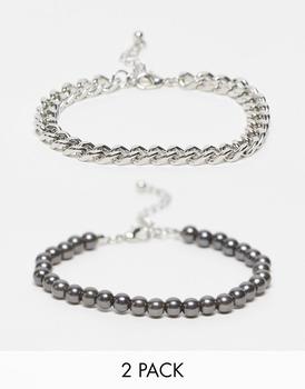 商品Faded Future pack of 2 grey pearl and chunky chain bracelets图片