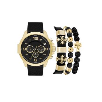 推荐Men's Chronograph Dial Quartz Black Leather Strap Watch, 46mm and Assorted Stackable Bracelets Gift Set, Set of 4商品