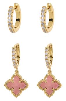 推荐14K Gold Plated Pave Swarovski Crystal Huggie Pink Mother-of-Pearl Quatrefoil Drop Earrings Set商品